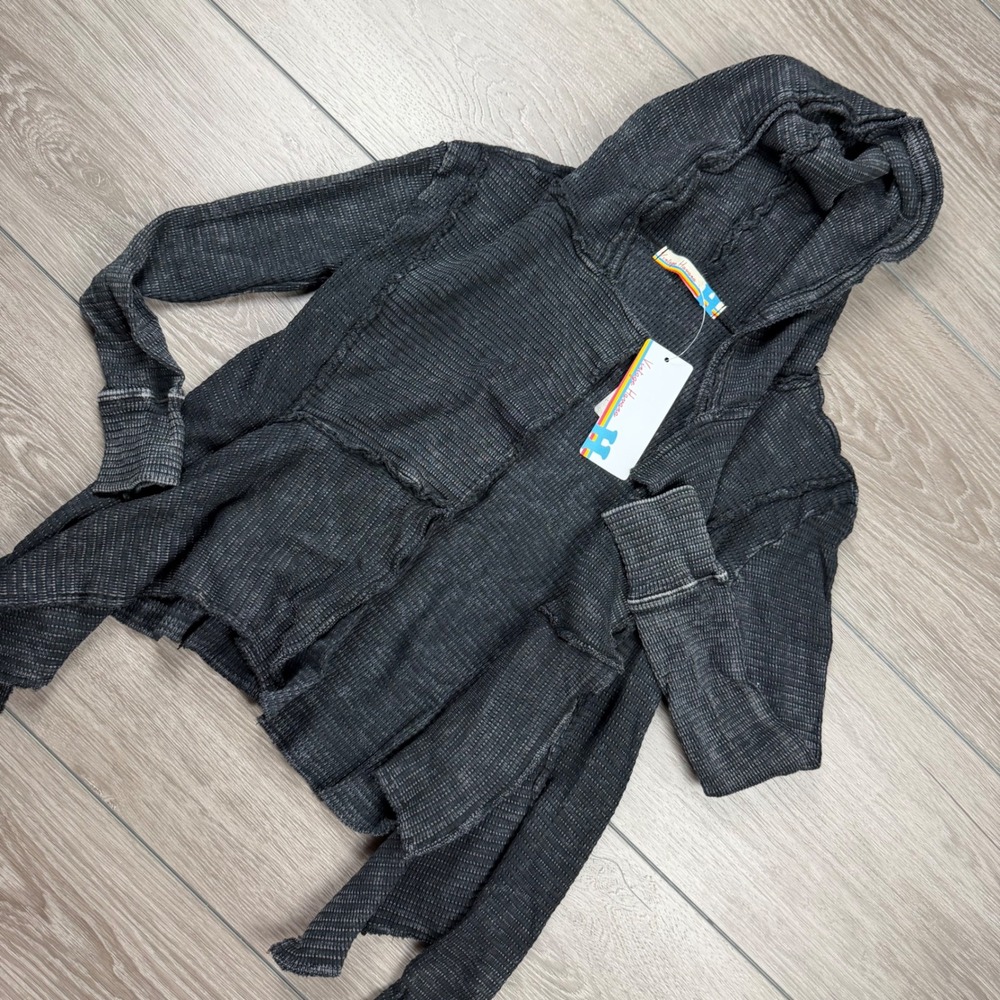 Vintage Havana Women Hoodie Waffle Knit Open Front Cardigan Black Large